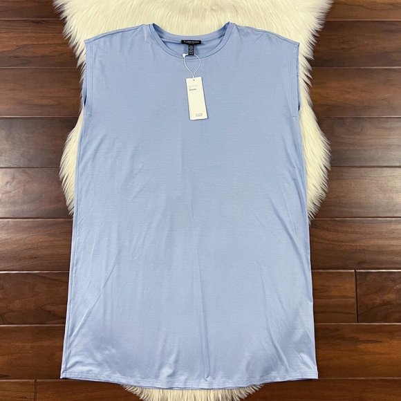 Eileen Fisher‎ Women's Medium Petite Blue Crew Neck Boxy Shirt Dress Cap Sleeve - Picture 1 of 8